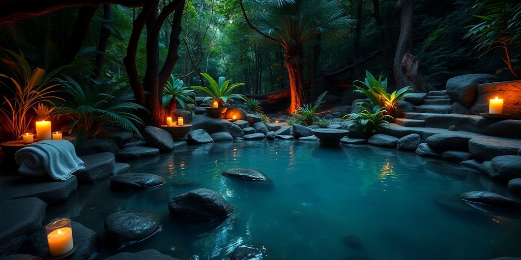 Tranquil spa retreat with hot spring and lush greenery.