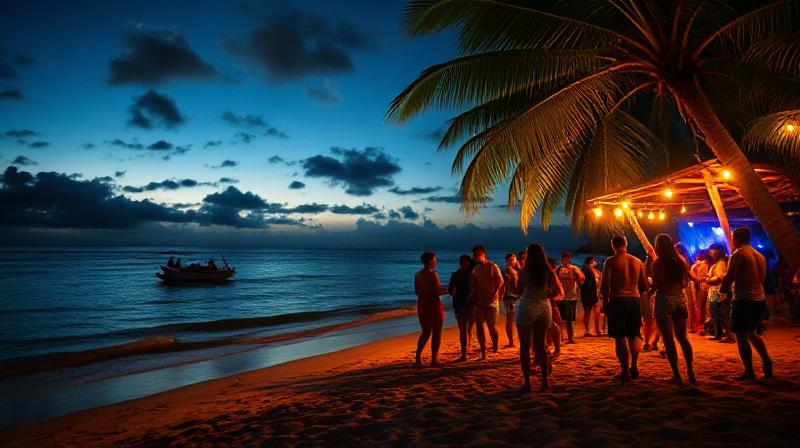Tropical beach party atmosphere with couples enjoying nightlife