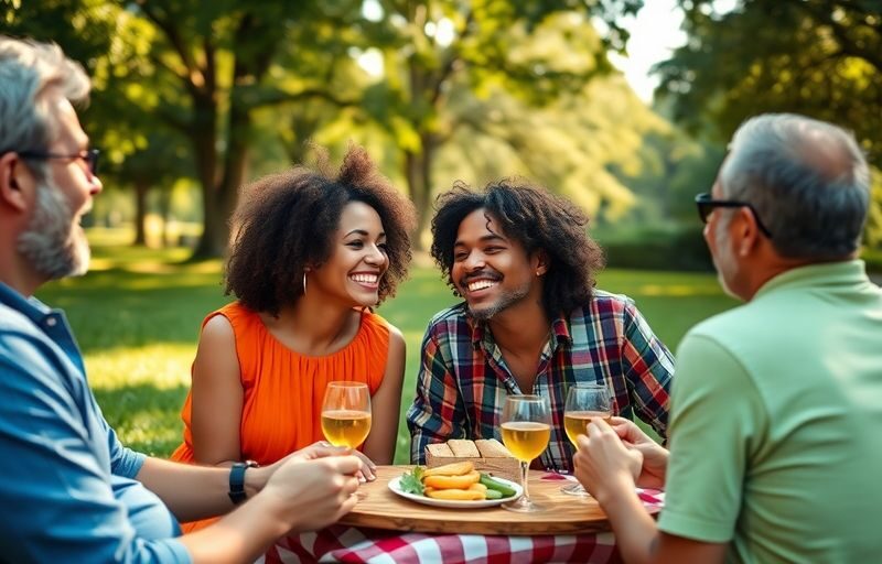 Two couples enjoying a joyful picnic in a sunny park