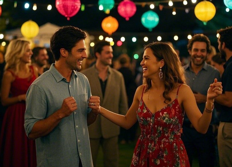 Two couples socializing at a lively gathering