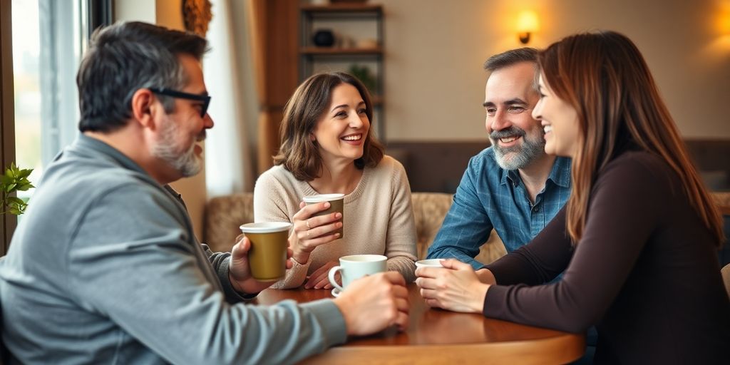 Two couples talking and laughing in a cozy setting