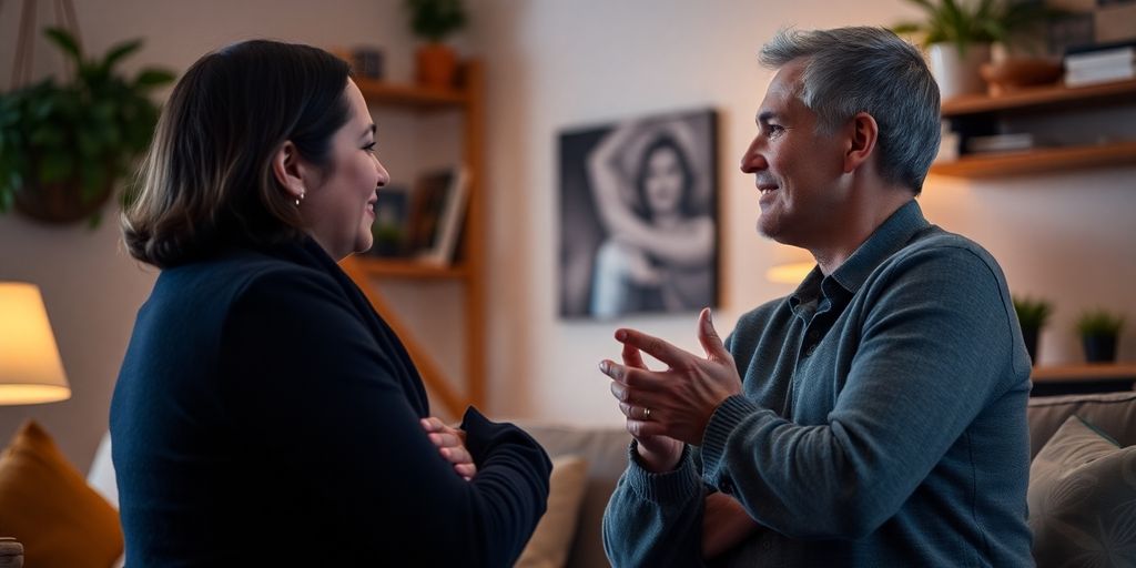 Two people having an intimate conversation in a cozy setting