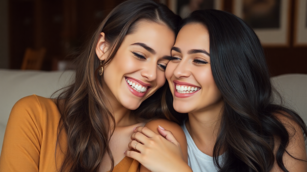 Two smiling women sharing an intimate moment together