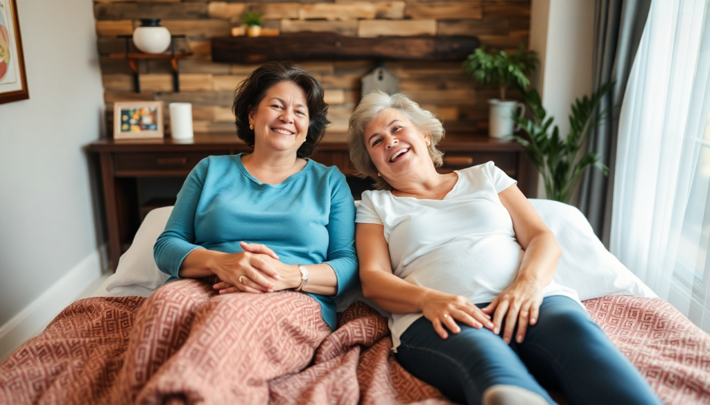 Two women enjoying aftercare in a cozy, warm setting