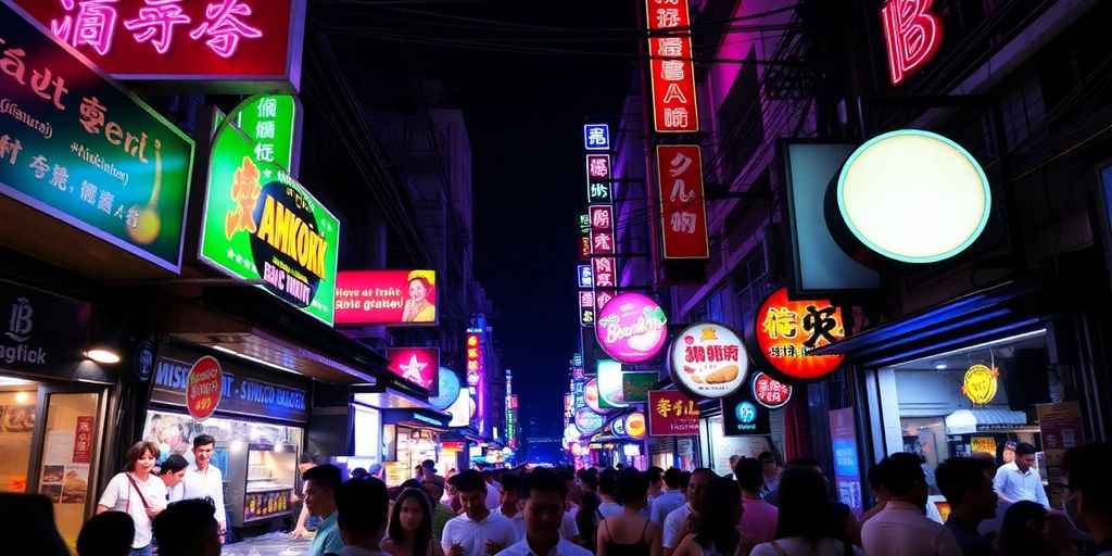 Vibrant Bangkok nightlife with neon lights and lively crowds