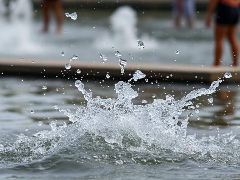Water splashing with blurred figures in the background