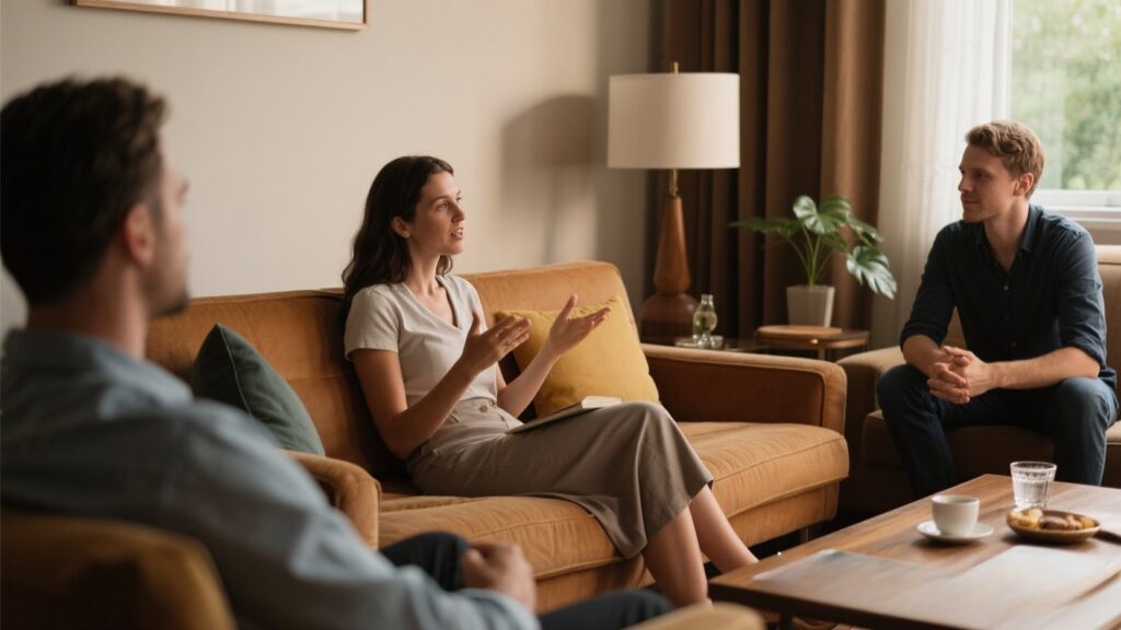 Woman conversing with a couple in a cozy lounge