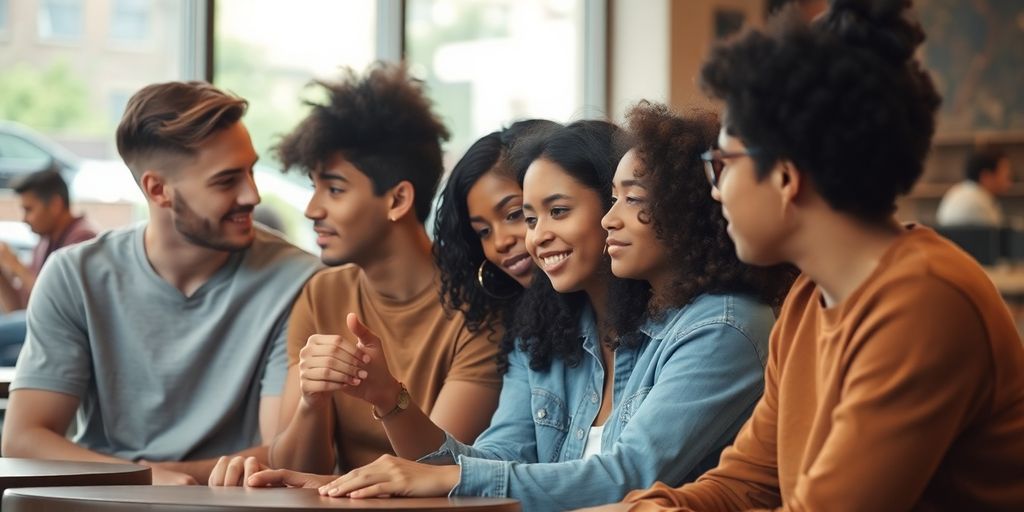 Young adults sharing an intimate moment in a cafe.