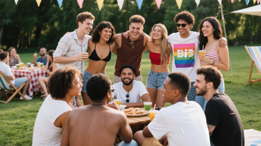 Diverse bisexual swingers enjoying an outdoor gathering together