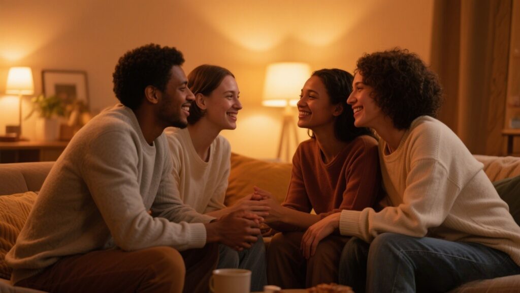 Diverse couples interacting in a cozy, intimate setting