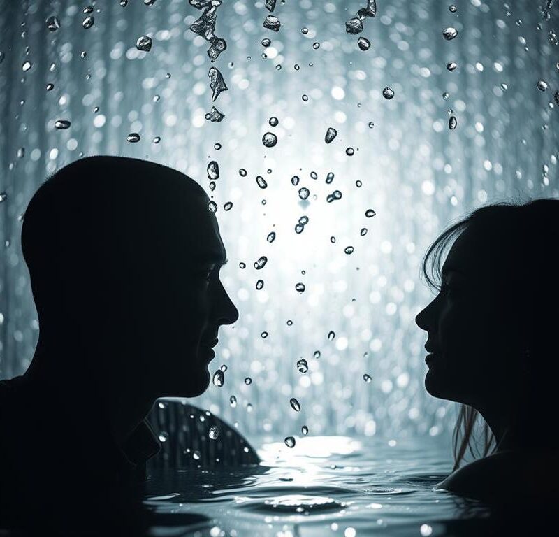couple in an intimate setting and water droplets