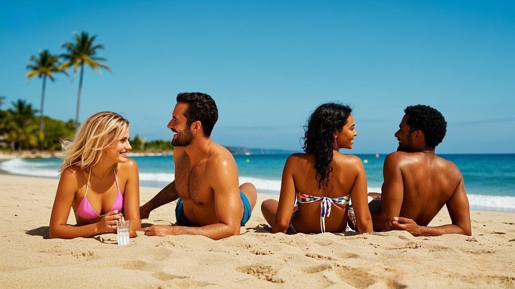 Diverse couples on a Hawaiian beach enjoying the sun