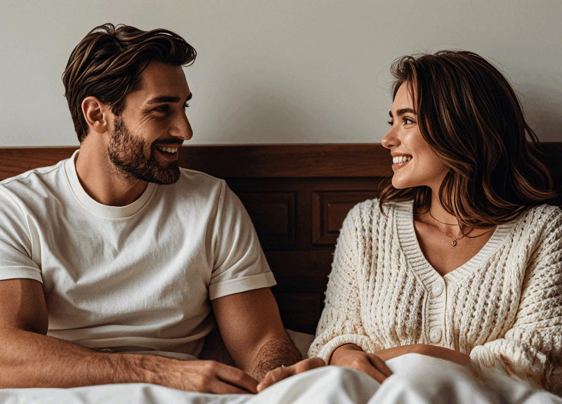 Couple talking openly in a cozy, intimate bed setting