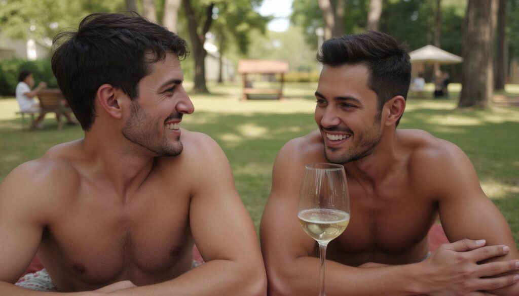 Happy bi man enjoying a picnic with his partners