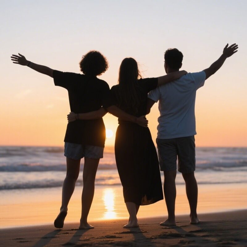 Three friends enjoying a sunset on the beach together.