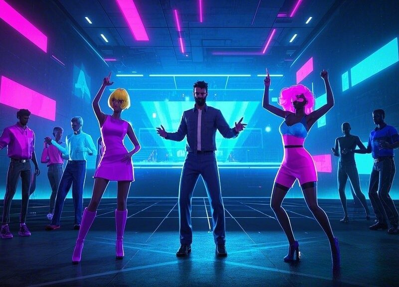 Colorful avatars dancing at a virtual Metaverse party.