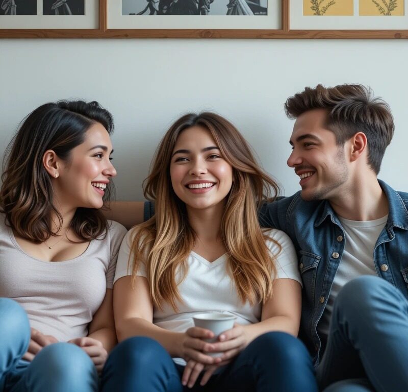 Three friends enjoying each other's company on a couch.