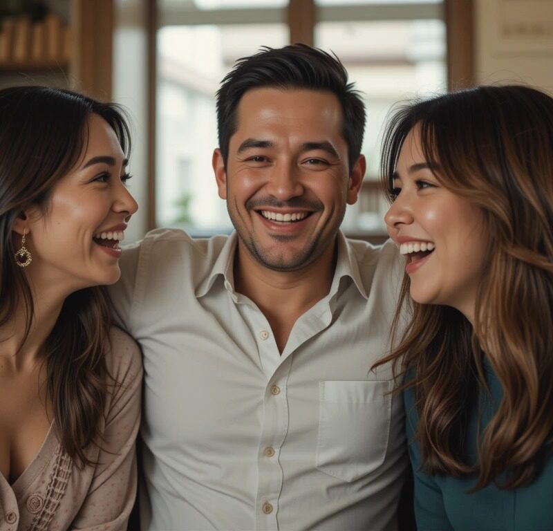 Three friends laughing together in a cozy setting.