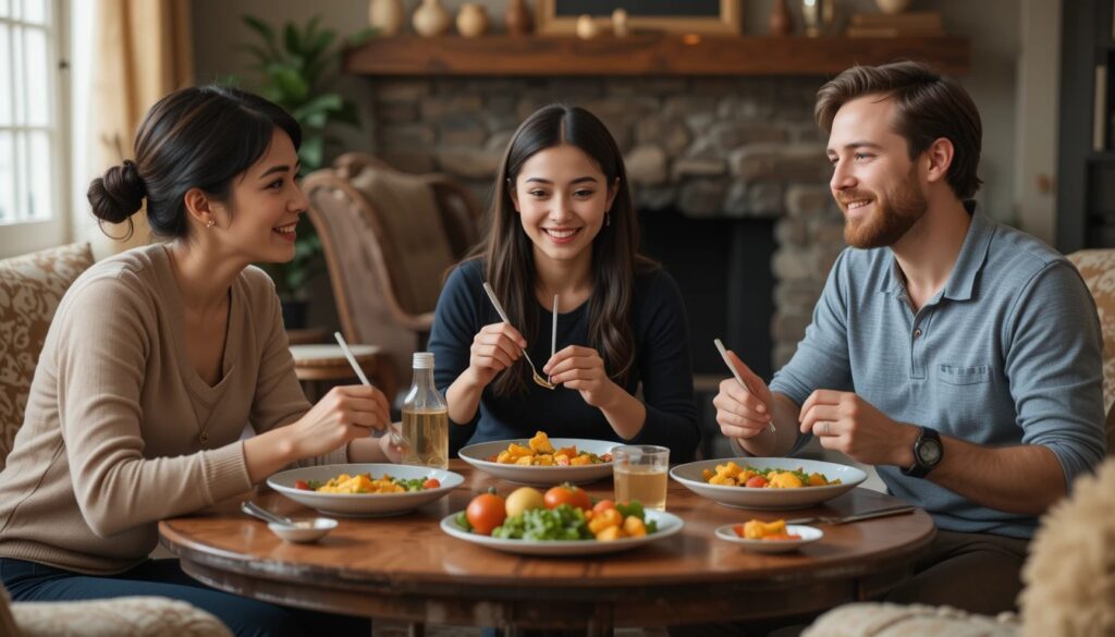 Three people sharing a meal in a cozy living room.