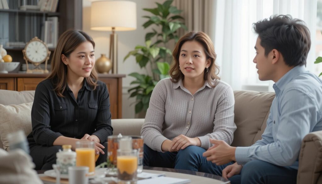 Three people discussing in a cozy living room setting.