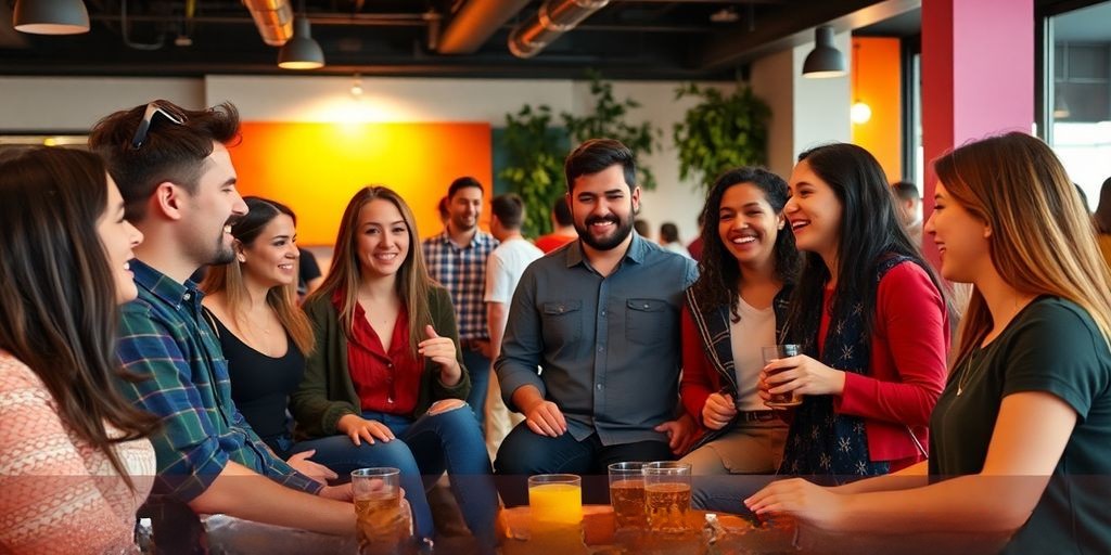 Group of adults socializing in a warm, inviting environment.