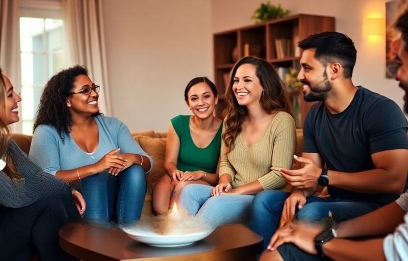 Diverse group in conversation, warm and inviting atmosphere.