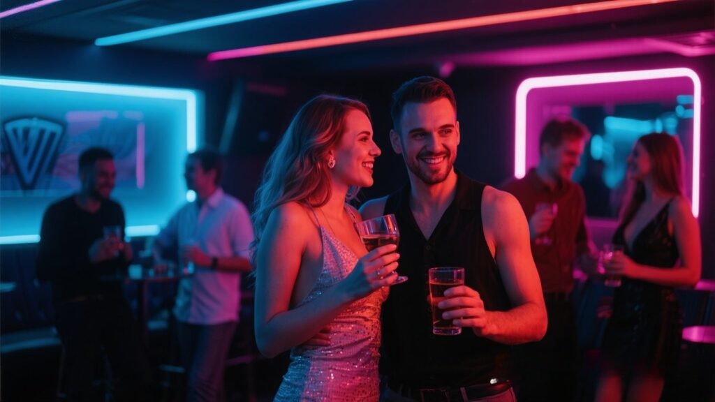 Couples socializing in a stylish swinger club environment
