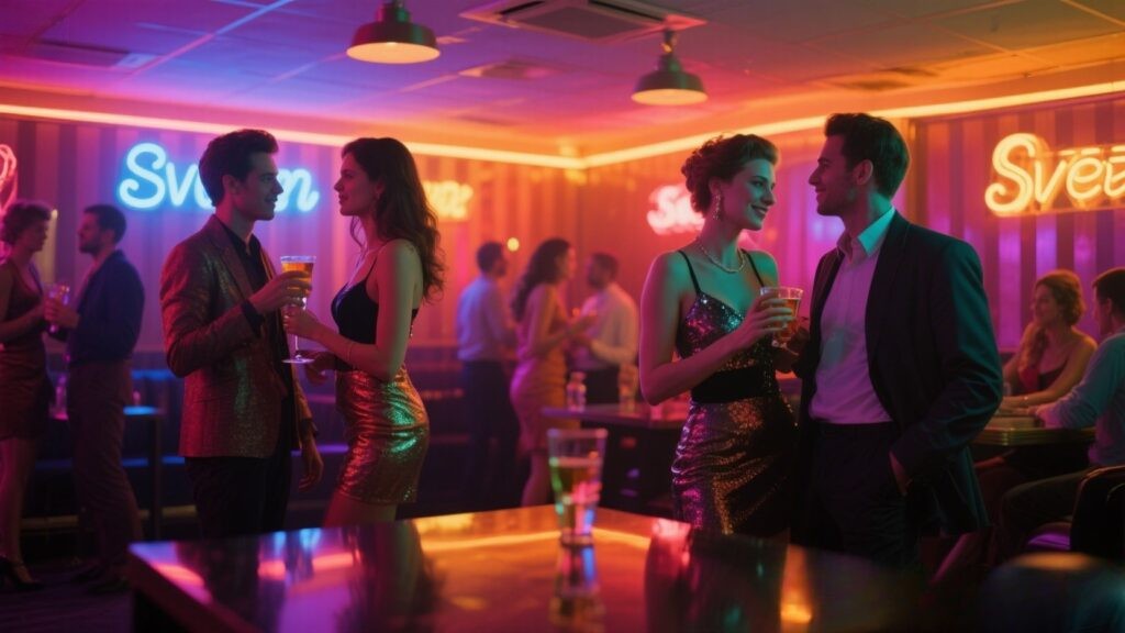 Couples enjoying a lively atmosphere in a swinger club