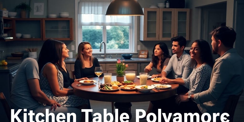 A diverse group at a kitchen table discussing relationships.