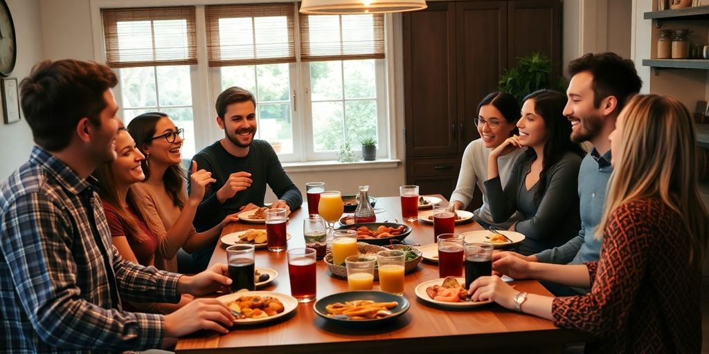 A diverse group enjoying a meal at a kitchen table.