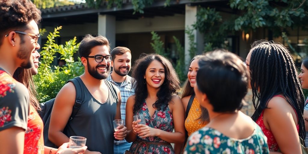A diverse group of friends enjoying a sunny outdoor gathering.