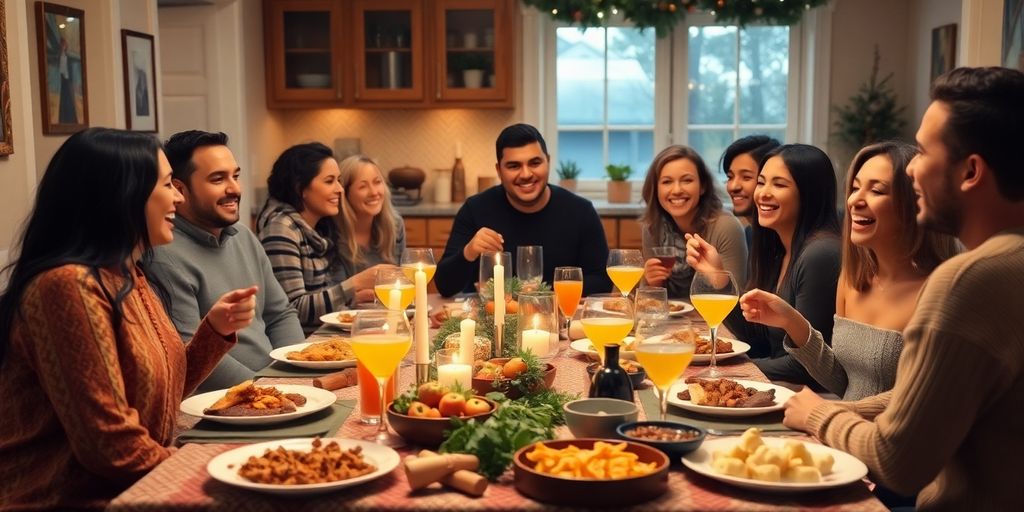 A festive kitchen table with diverse friends enjoying food.