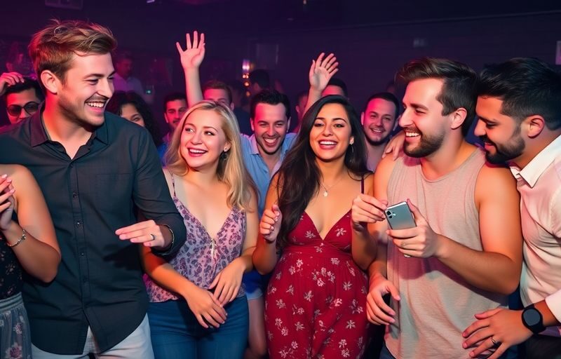 A group of diverse, happy adults dancing.