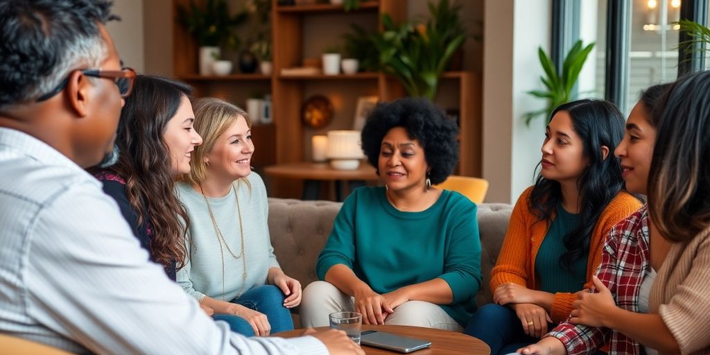 A group of people discussing boundaries in a cozy environment.