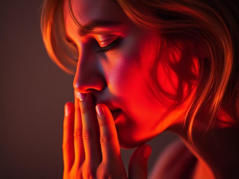 A person whispering, vibrant colors, soft light.