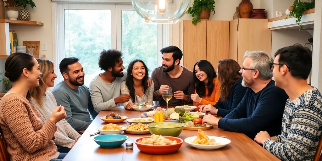 A warm kitchen table with diverse people sharing a meal.