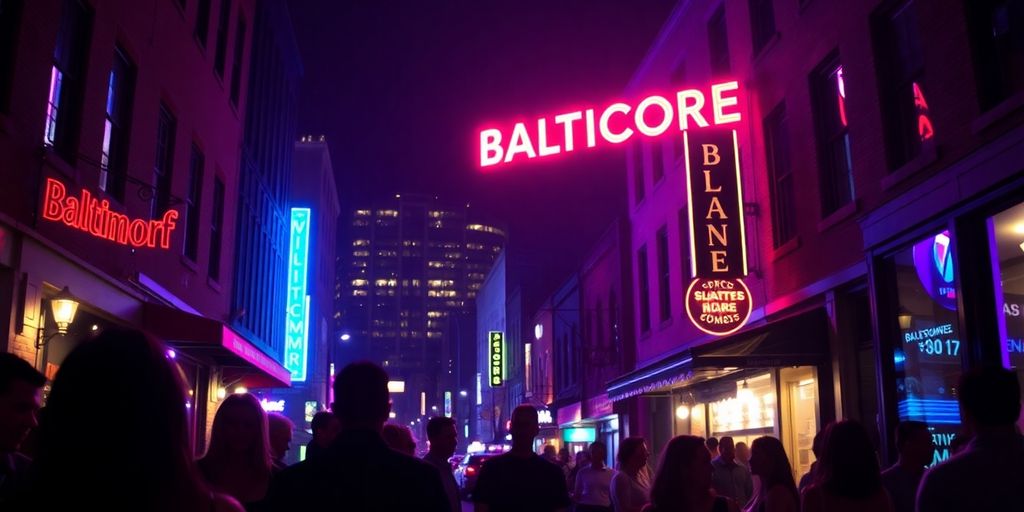 Baltimore nightlife with neon lights and people enjoying.