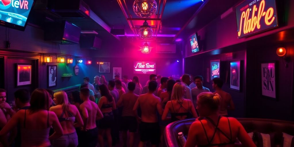Baltimore sex club scene with colorful lights and lively atmosphere.