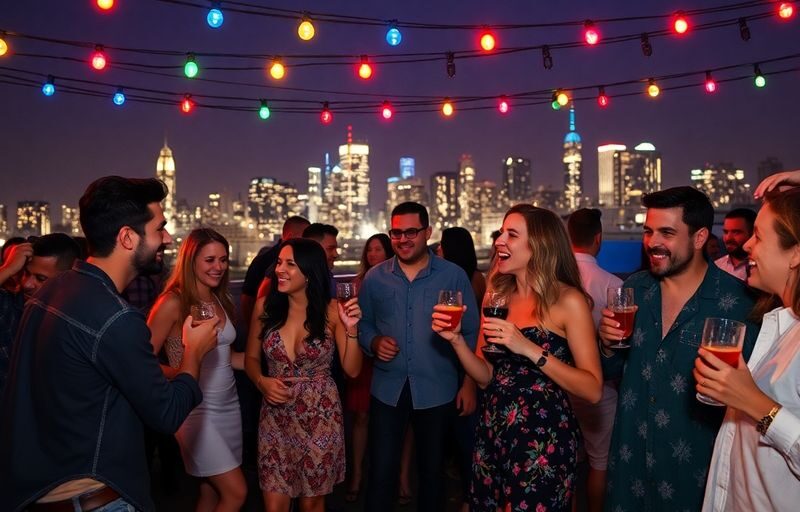Brooklyn rooftop party with couples enjoying the nightlife.