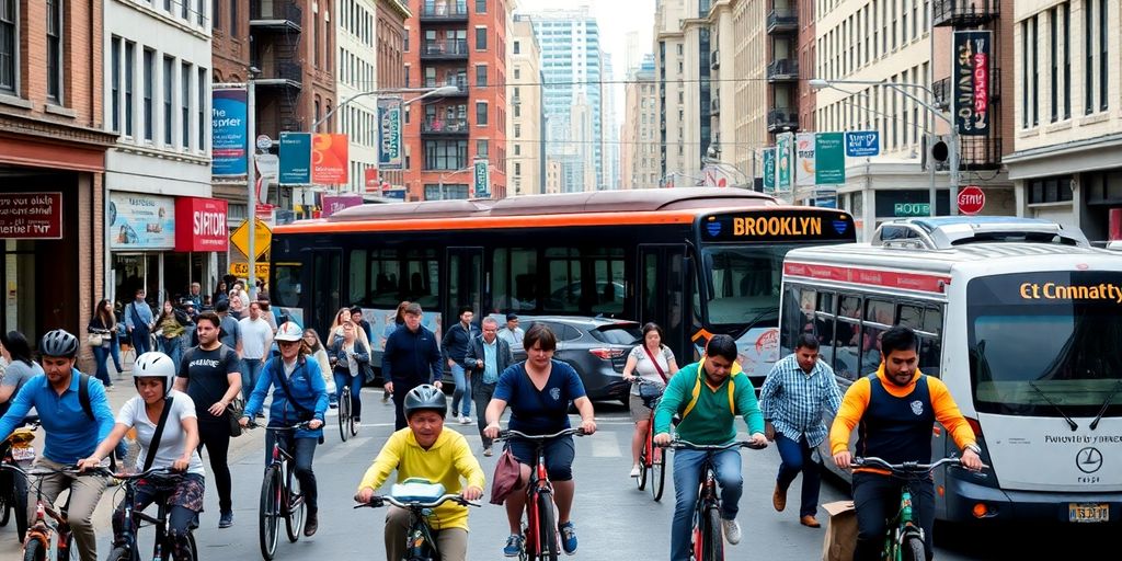 Bustling Brooklyn street with pedestrians and bicycles.