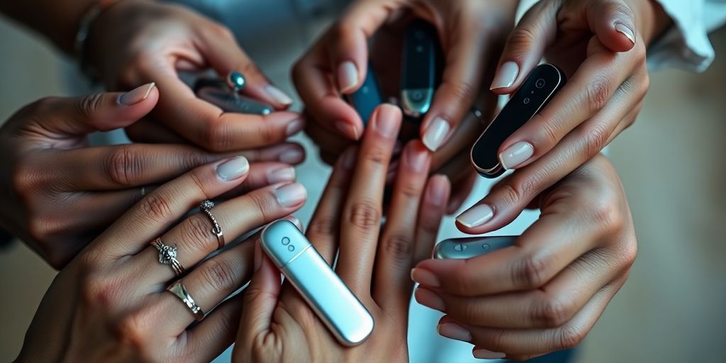 Close-up, diverse hands holding vibrators, glowing tech gadgets.