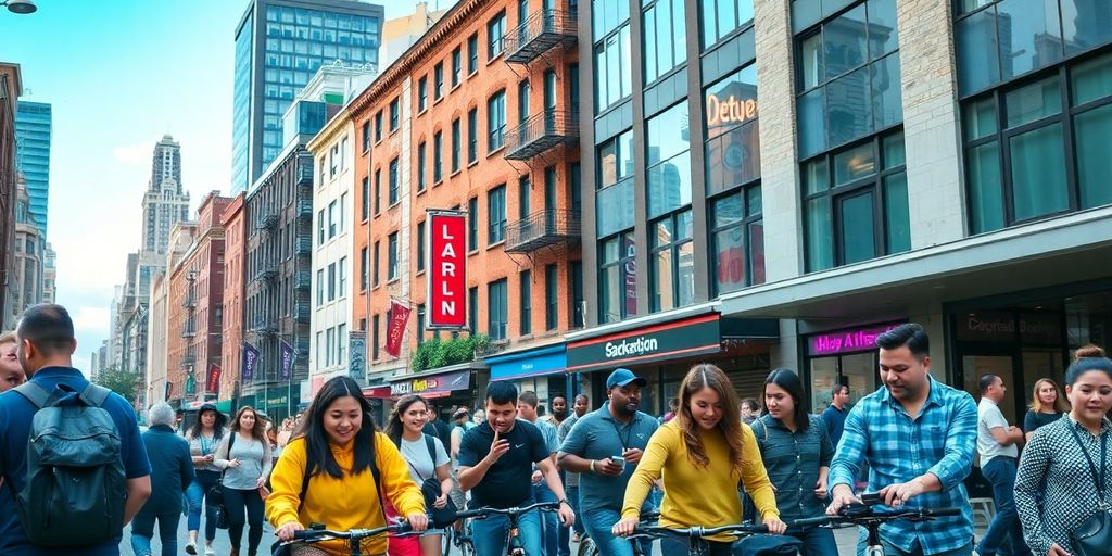 Colorful Brooklyn street with people and modern technology.