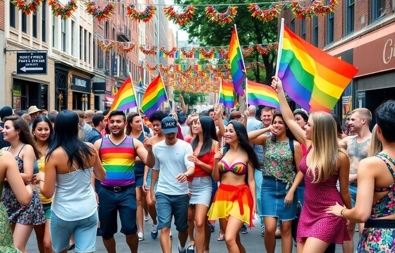 Colorful LGBTQ+ celebration in Brooklyn street scene.