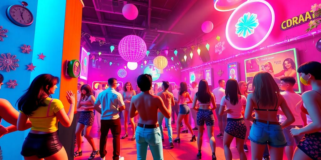 Colorful avatars enjoying a virtual party in the metaverse.