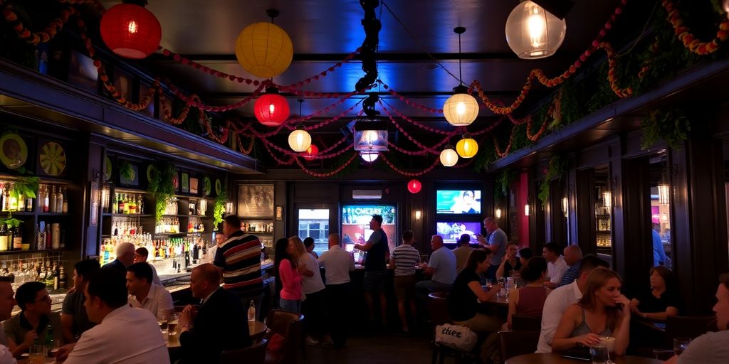 Colorful bar scene with diverse people socializing at Colette.