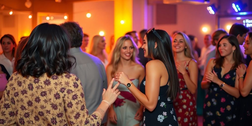 Colorful diverse couples dancing at an indoor party.