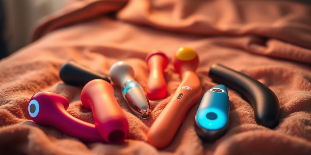 Colorful sex toys arranged with sleek tech gadgets.