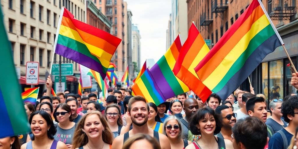 Colorful street scene celebrating LGBTQ+ pride in Brooklyn.