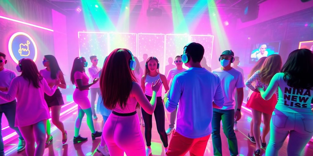 Colorful virtual party scene with dancing avatars.