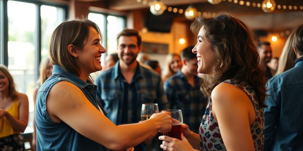 Couple chatting at a lively swinger social event.